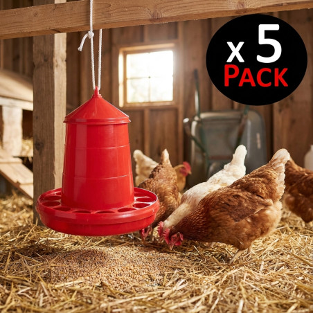 Pack 5 Tolvas Comederos para Aves y Gallinas | 2 kg Capacidad | 25x25x34 cm | Plástico Resistente | Color Rojo