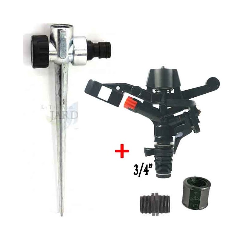 Landwirtschaftlicher Sektor-Sprinkler 3/4'', Reichweite 13 bis 18 m, Suinga + Sprinklerstützpfahl Landwirtschaftlicher Sektor-Sprinkler 3/4'', Reichweite 13 bis 18 m, Suinga + Sprinklerstützpfahl