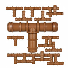 Lot de 50 Té cannelés goutte à goutte marron 16mm. Raccord pour tube d'irrigation de diamètre 16 mm