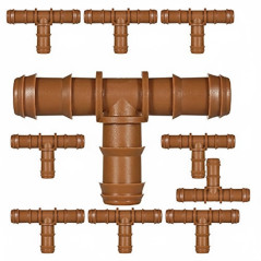 10 Stück T Tropfbewässerung 16mm | Verbindungsstück für 16mm Rohr | Gieß-T-Stück für 16mm Bewässerungsschlauch braun