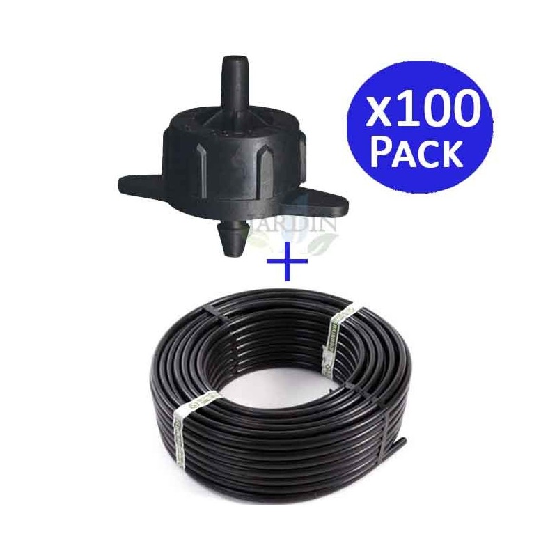 Tropfschlauchs 16 mm, 100 Meter + 100 automatische Kompensations-Tropfer, 4 Liter pro Stunde