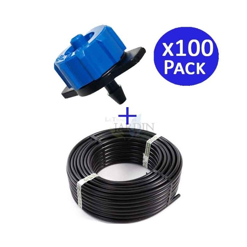Tubería goteo 16mm 100 mts + 100 Goteros autocompensantes 8 l/h desmontables