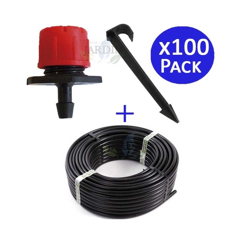 Tropfschlauch 16 mm x 100 m + 100 einstellbare Tropfer von 0 bis 70 Litern pro Stunde + 100 Kunststoffbefestigungsclips 16 mm