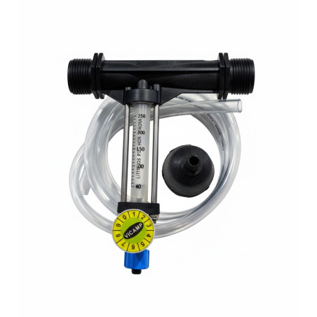 Inyector de fertilizante venturi 25Ø 2mm con llave y caudalimetro. Caudal máximo riego 380 l/h y abono 40 litros a 3 bar