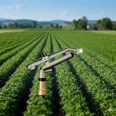 Irrigatore agricolo 1 1/2'' Hidra in metallo. Angolo di irrigazione circolare 360º. Portata da 20 a 36 m. Irrigatore a impulso