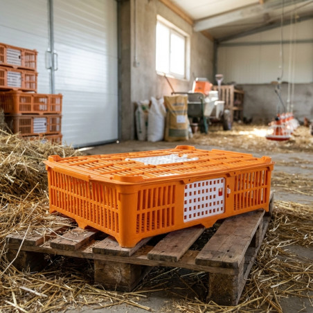 Gaiola de transporte de plástico 67x45x15 cm com porta frontal deslizante para gado e agricultura.