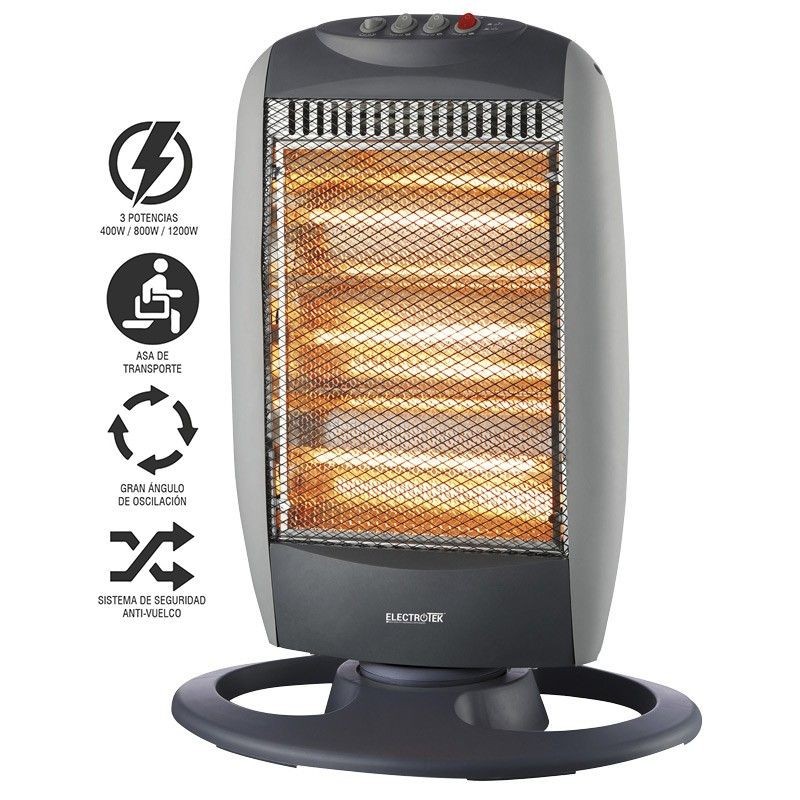 Stufa Alogena Oscilante. 3 impostazioni di temperatura 400W - 800W - 1200W. Sistema Sicurezza Anti-Ribaltamento. Maniglia