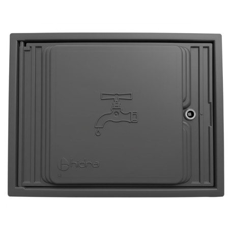 Puerta para contador agua fabricada en polipropileno gris de alta resistencia. Montada sobre marco para la pared, 35x45cm