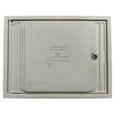 Puerta para contador agua fabricada en polipropileno gris de alta resistencia. Montada sobre marco para la pared, 35x45cm