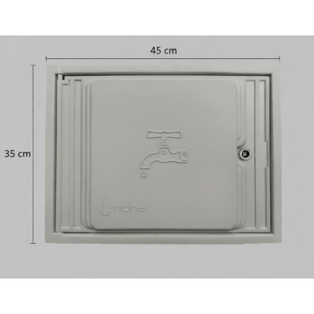 Tür für Wasserzähler aus grauem Polypropylen, hohe Beständigkeit. Zur Wandmontage mit Rahmen. Maße: 35×45 cm