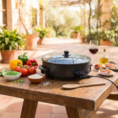 Paellera elétrica 1500W Ø42x7cm Teflon preto, resistente, ideal para paellas grandes e receitas tradicionais