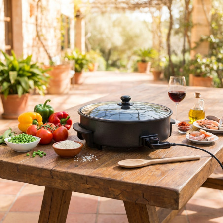 Paellera elétrica 1500W Ø42x7cm Teflon preto, resistente, ideal para paellas grandes e receitas tradicionais