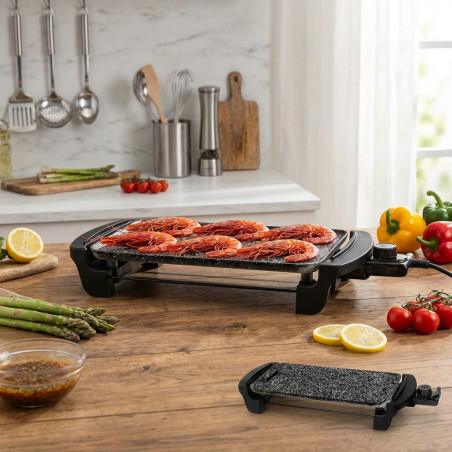 Plancha Electrique Grill 1600W, revêtement antiadhésif, thermostat réglable, 40x20 cm