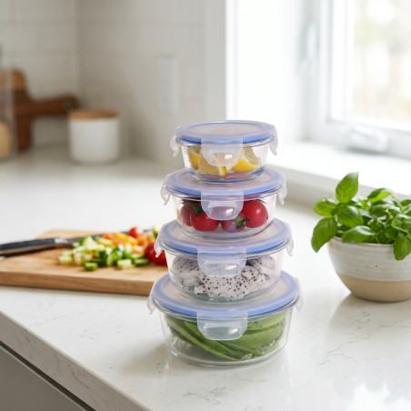  Set mit 4 runden Brotdosen aus Glas 210, 400, 650 und 950 ml