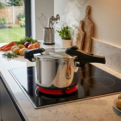 Autocuiseur 6 litres en Acier Inoxydable, Casserole Induction et à Gaz, Couvercle à Ouverture Facile