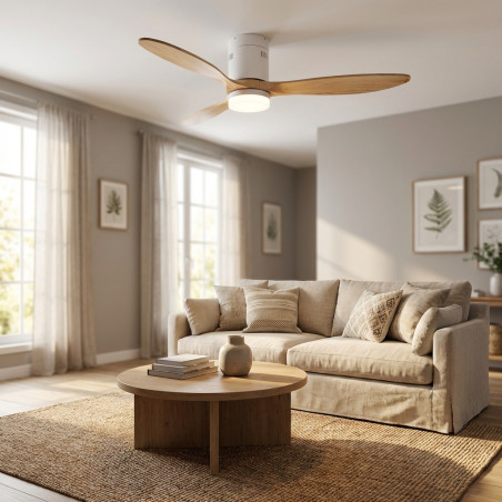 Deckenventilator mit LED-Licht Orgebozo | Fernbedienung | Leise | 3 Holzblätter von 132 cm | Winter-Sommer-Modus