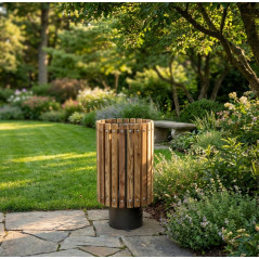 Cestino Moncayo realizzato in legno, include un coperchio per proteggere dagli odori e dall'ingresso dell'acqua, dimensioni 75x4