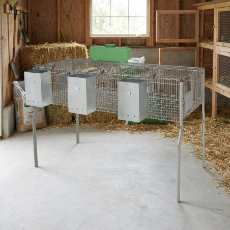 Galvanized rabbit cage with hoppers and 3 compartment waterers, metal floor, 157x63x98 cm