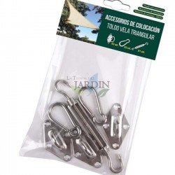 Kit di Fissaggio per Vela da sole Triangolare in acciaio inox: 3 Fissaggi a muro, 2 Moschettoni e 1 Tensore