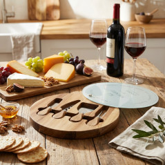 Conjunto de facas para queijo feito de madeira de acácia resistente, incluindo um suporte de vidro com diâmetro de 25 cm.