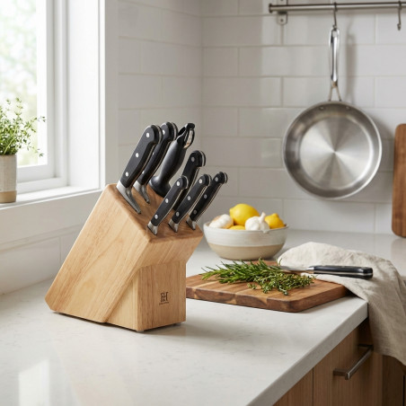 Ensemble de 8 couteaux classiques + bloc beige | Acier inoxydable | Couteau de chef, couteau à jambon, couteau à désosser | Comp