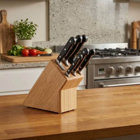 Ensemble de 6 couteaux classiques + bloc beige | Acier inoxydable | Couteau de chef, couteau à jambon, couteau à désosser | Comp