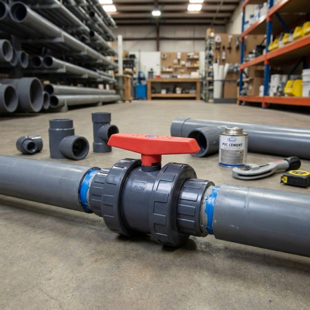 Válvula de esfera de 110 mm para colagem de PVC. Pressão máxima de 10 bar. Utilizada em tubos de polietileno e PVC de 110 mm e 4