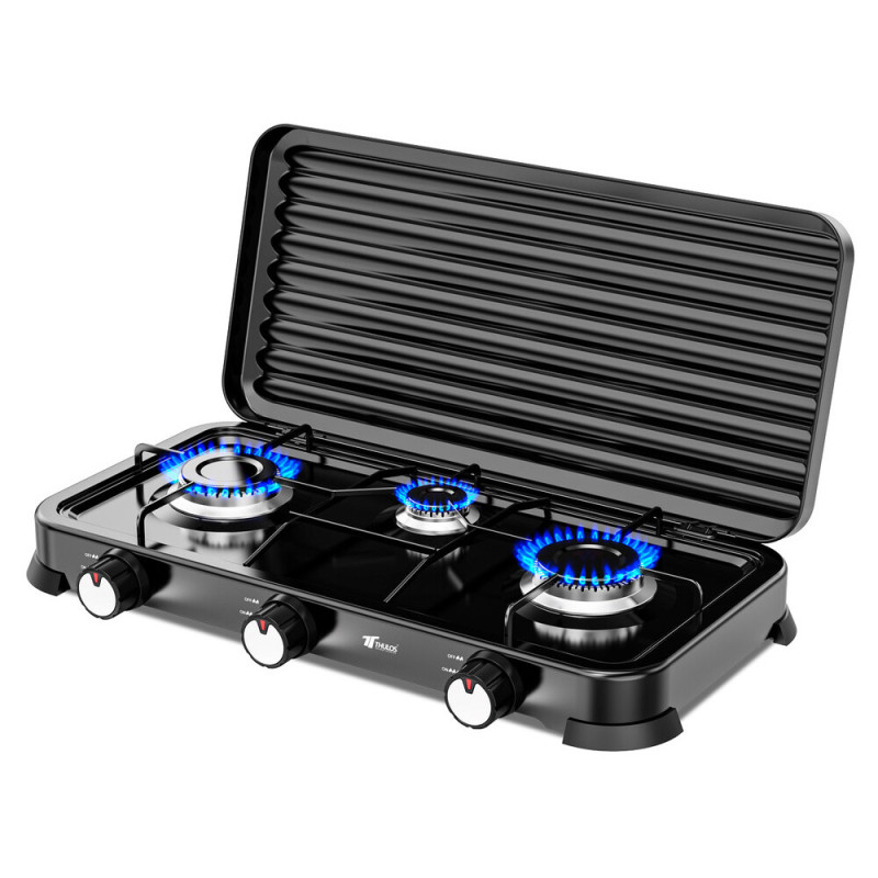Hornillo a Gas 3 Quemadores con Tapa | Cocina Portatil | Gas Butano y Propano | Cuerpo Inoxidable | Encendido Piezoeléctrico