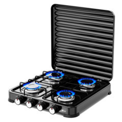 Réchaud à gaz 4 brûleurs avec couvercle | Cuisinière portable | Gaz butane et propane | Corps en acier inoxydable | Allumage pié