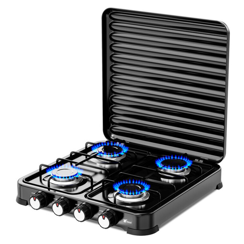 Hornillo a Gas 4 Quemadores con Tapa | Cocina Portatil | Gas Butano y Propano | Cuerpo Inoxidable | Encendido Piezoeléctrico