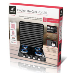 Fogão a gás de 4 bocas com tampa | Fogão portátil | Gás butano e propano | Corpo em aço inoxidável | Temperatura ajustável