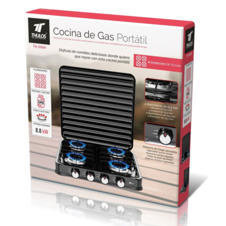 Fornello a gas a 4 fuochi con coperchio | Cucina portatile | Gas butano e propano | Corpo in acciaio inossidabile | Accensione p