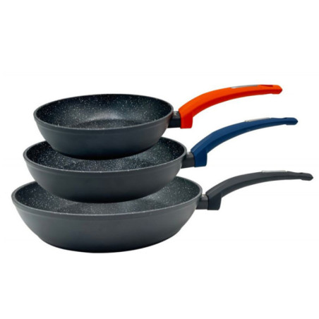 Set of 3 Aluminum Frying Pans | Induction Compatible Frying Pans 20cm - 24cm - 28cm | Non-Stick Stone Effect Coating