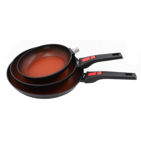 Juego 3 Sartenes de Aluminio con 2 Mangos Desmontables | Sarten para Todo Tipo de Cocinas 20cm-24cm-28cm | Antiadherente