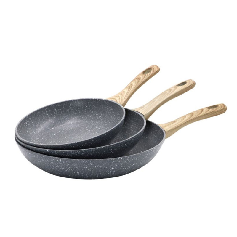 Juego 3 Sartenes de Aluminio | Sarten con Mango Efecto Madera para Todo Tipo de Cocinas 20cm - 24cm - 28cm | Antiadherente