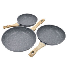 Lot de 3 poêles à frire en aluminium | Poêle avec poignée effet bois, compatible tous feux | 20 cm - 24 cm - 28 cm | Antiadhésiv