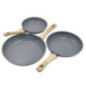 Lot de 3 poêles à frire en aluminium | Poêle avec poignée effet bois, compatible tous feux | 20 cm - 24 cm - 28 cm | Antiadhésiv
