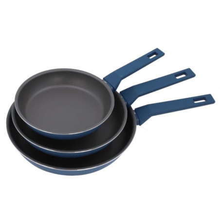 Set of 3 Aluminum Frying Pans | Blue Frying Pan for All Types of Stoves 20cm - 24cm - 28cm | Non-Stick Coating