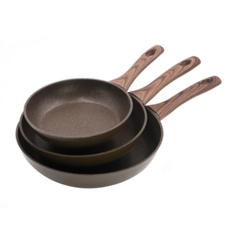 Set of 3 Aluminum Frying Pans | Frying Pan with Wood Effect Handle for All Types of Stoves 20cm - 24cm - 28cm | Non-Stick
