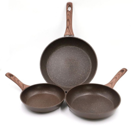 Set di 3 padelle in alluminio | Padella con manico effetto legno per tutti i tipi di fornelli 20 cm - 24 cm - 28 cm | Antiaderen