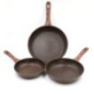 Set of 3 Aluminum Frying Pans | Frying Pan with Wood Effect Handle for All Types of Stoves 20cm - 24cm - 28cm | Non-Stick