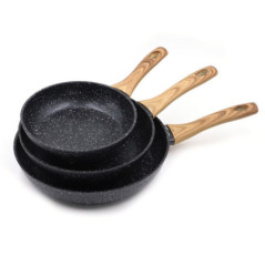 Juego 3 Sartenes de Aluminio | Sarten con Mango Efecto Madera para Todo Tipo de Cocinas 20cm - 24cm - 28cm | Antiadherente