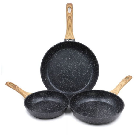 Juego 3 Sartenes de Aluminio | Sarten con Mango Efecto Madera para Todo Tipo de Cocinas 20cm - 24cm - 28cm | Antiadherente