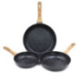 Juego 3 Sartenes de Aluminio | Sarten con Mango Efecto Madera para Todo Tipo de Cocinas 20cm - 24cm - 28cm | Antiadherente