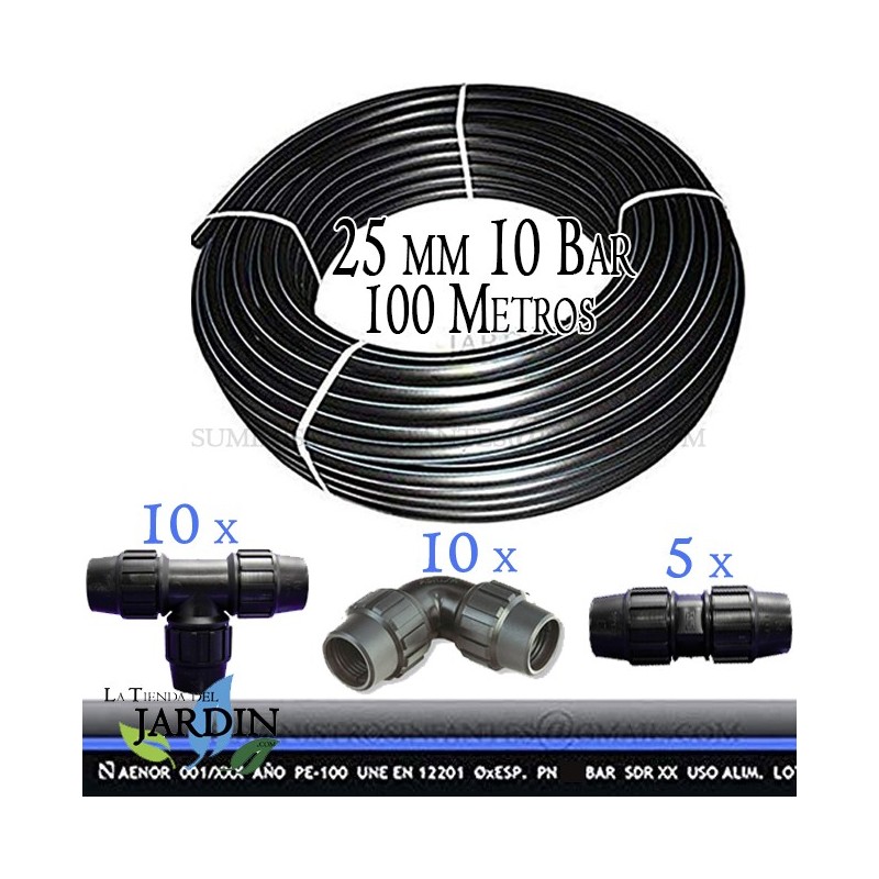 Rohr PE100 HD 100m 3/4'' 25mm PN10 flexible HDPE Wasserleitung + 10 Winkelstücke, 10 T-Stücke und 5 Verbindungsstücke Rohr PE100 HD 100m 3/4'' 25mm PN10 flexible HDPE Wasserleitung + 10 Winkelstücke, 10 T-Stücke und 5 Verbindungsstücke