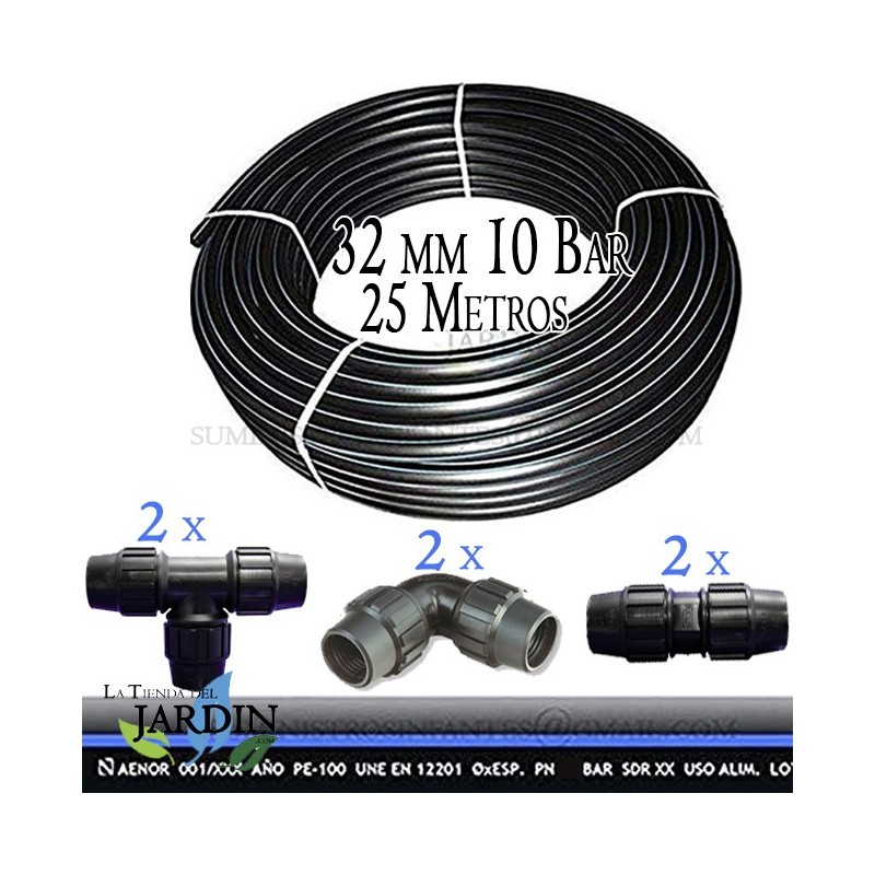 Rohr PE100 HD 25m 1'' 32mm PN10 flexible HDPE Wasserleitung + 2 Winkelstücke, 2 T-Stücke und 2 Verbindungsstücke Rohr PE100 HD 25m 1'' 32mm PN10 flexible HDPE Wasserleitung + 2 Winkelstücke, 2 T-Stücke und 2 Verbindungsstücke