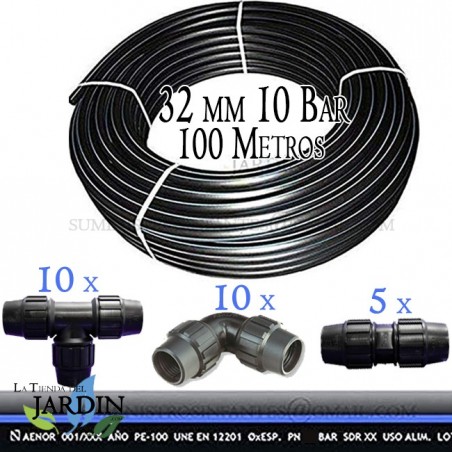 Rohr PE100 HD 100m 1'' 32mm PN10 flexible HDPE Wasserleitung + 10 Winkelstücke, 10 T-Stücke und 5 Verbindungsstücke