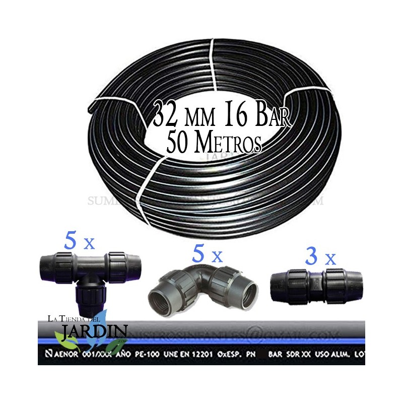 Tuberia agua potable 32mm 16 bar 50m PE100 alta densidad. Incluye 5 codos, 5 tes y 3 enlaces