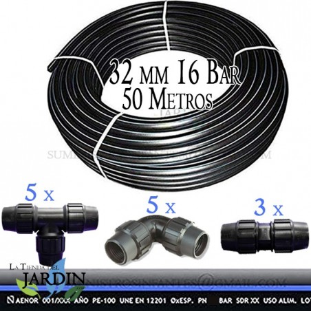 32mm 16 bar Drinking Water Pipe, 50m | 32mm PE100 High-Density Food Pipe, AENOR | 5 Elbows, 5 Tees, and 3 Unions