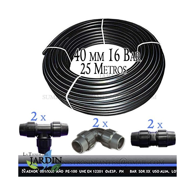 Confezione da 25 m di tubo per acqua potabile da 40 mm, 16 bar, PE100 ad alta densità. Include 2 gomiti, 2 raccordi a T e 2 racc